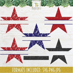 Può includere: Set di sei file di taglio SVG a forma di stella invecchiata in rosso, blu e nero. Le stelle hanno un aspetto invecchiato e sono perfette per creare progetti personalizzati. Il testo "FORMATS INCLUDED: SVG-PNG-JPG" è in fondo all'immagine.