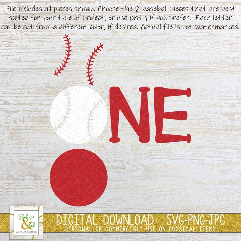 May include: Red and white baseball themed one year old birthday party design. The design includes a baseball, two bats, and the word "ONE" in red.