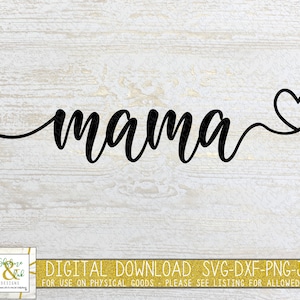 Puede incluir: Texto negro en cursiva que dice "mama" con un corazón al final, sobre un fondo de vetas de madera blanca y marrón claro. La parte inferior de la imagen contiene el texto "DIGITAL DOWNLOAD SVG-DXF-PNG-JPG".