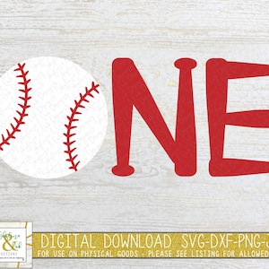 May include: Red baseball-themed "ONE" graphic with a white baseball and red stitching.  The graphic is on a white wood background.  Digital download SVG-DXF-PNG-JPG for use on physical goods.  Please see listing for allowed usage.
