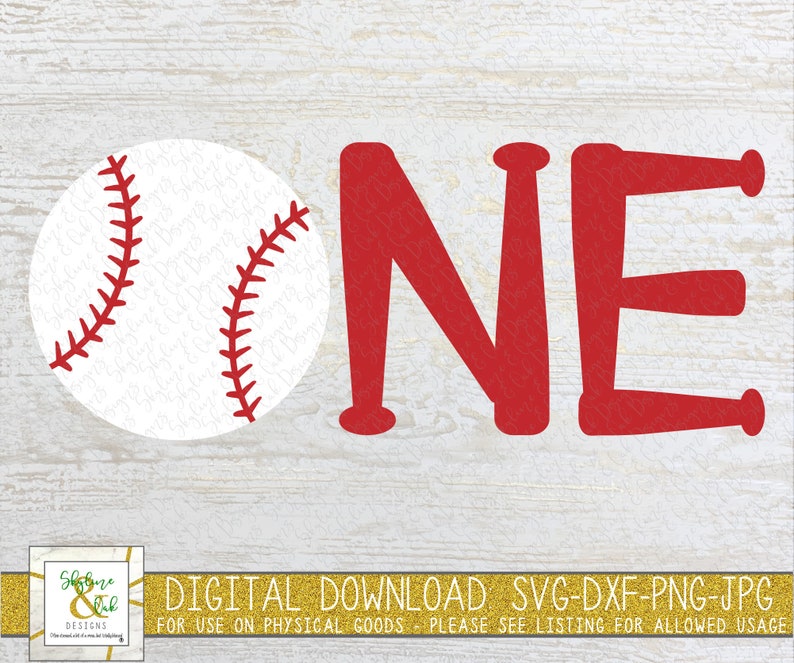 May include: Red baseball-themed "ONE" graphic with a white baseball and red stitching.  The graphic is on a white wood background.  Digital download SVG-DXF-PNG-JPG for use on physical goods.  Please see listing for allowed usage.
