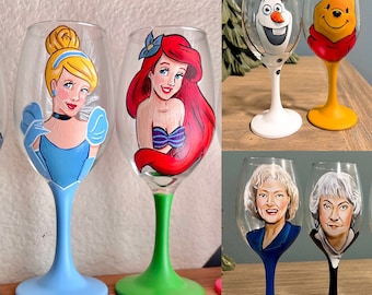 Two HAND  PAINTED  Wine Glasses : your choice of characters