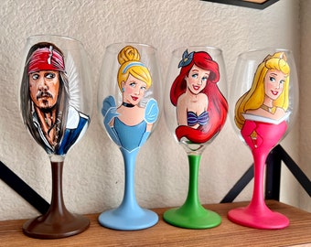 Set of 4 Hand Painted Wine Glasses : Your choice of characters
