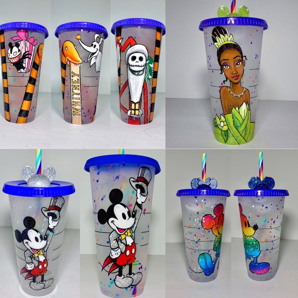 Hand Painted Confetti Starbucks Reusable Cup; Your choice of character (s) with straw topper
