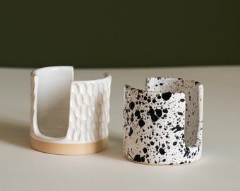 Handmade Stoneware Sponge Holder – Carved Scallop or Splatter Design Sink Caddy