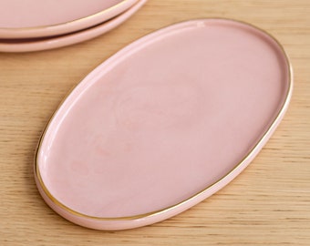 Ceramic Platter Serving Platter with Gold Rim Pink Oval Platter Large Platter Dessert Platter Cheese Platter Serving Tray Vanity Tray