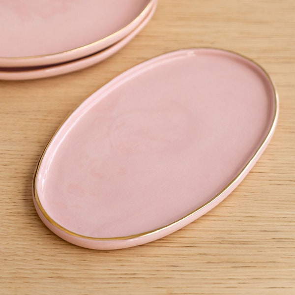 Ceramic Platter Serving Platter with Gold Rim Pink Oval Platter Large Platter Dessert Platter Cheese Platter Serving Tray Vanity Tray