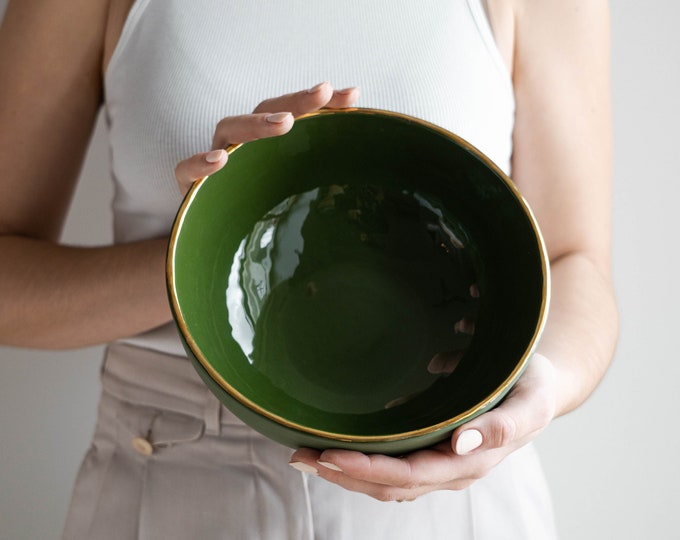 Handmade Green Porcelain Salad Bowl: Gold Rim Ceramic Dinnerware