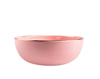 Handmade Powder Pink Porcelain Salad Bowl: Gold Rim Ceramic Dinnerware