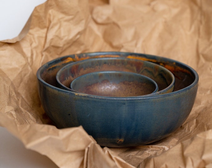 Handmade Rust Stoneware Salad Bowl, Nesting Bowl Set