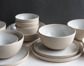 Steingut Geschirr | 3-teiliges Geschirrset aus Keramik | Handgemachte Steinzeug Geschirr Set |Weiße Keramik Bio Geschirr |Hochzeit Geschirr Set