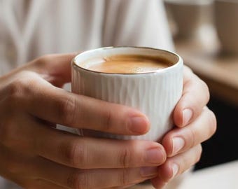 Handmade White Porcelain Espresso Cup with Gold Rim