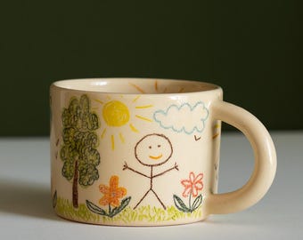 Hand-Drawn Ceramic Mug – Beige Stoneware, Whimsical Childhood Landscape Art