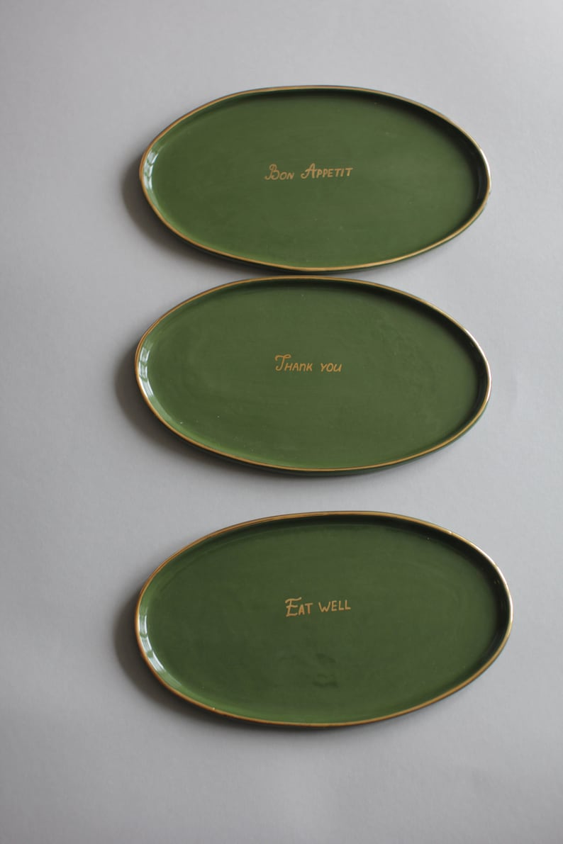 Personalized Wedding Platter: Green Ceramic Serving Tray with Gold Rim