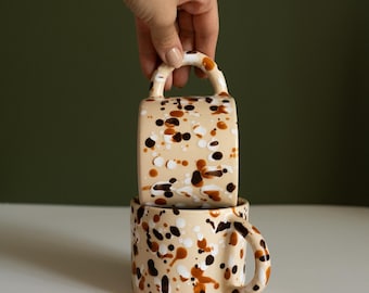 Handpainted Splatter Ceramic Mug – Beige Stoneware, Tortoise Shell, 10 oz Tea Cup