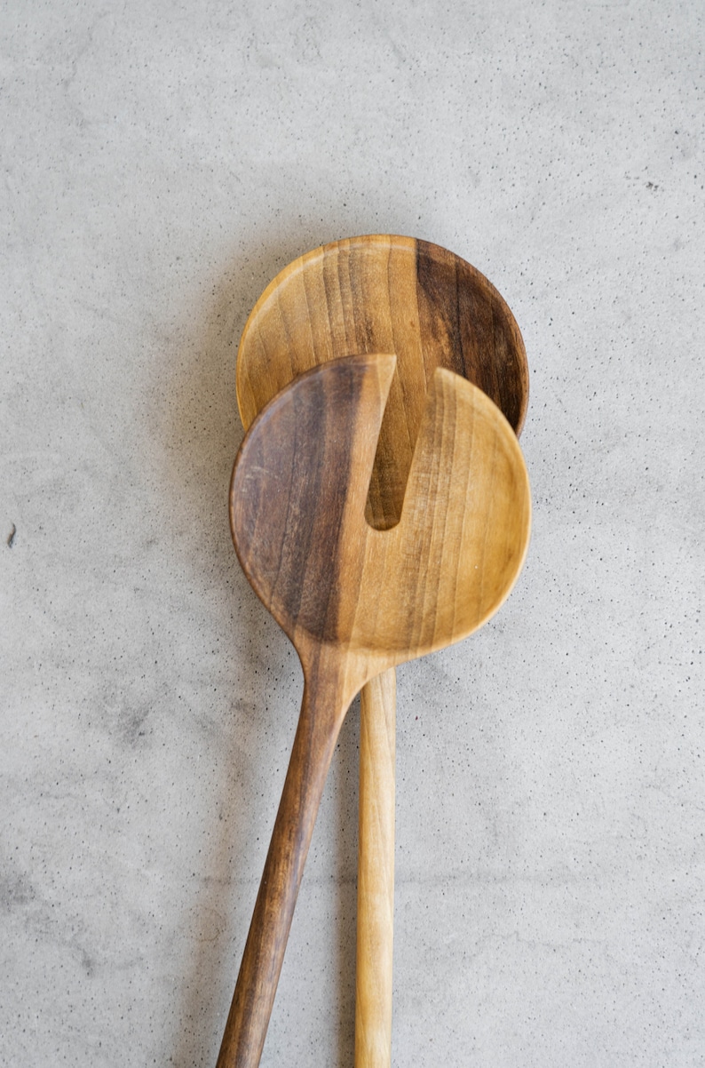 Wooden 2-Piece Salad Serving Set Wooden Salad Servers Wood Salad Serving Set Hand-Carved Wood Spoons Kitchenware image 1