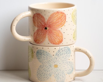 Hand-Painted Floral Stoneware Mug with Gold Accents