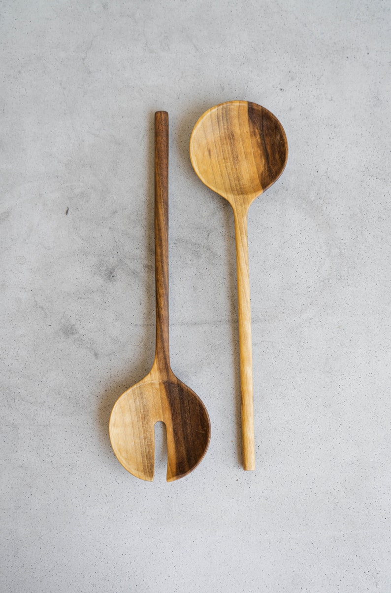 Wooden 2-Piece Salad Serving Set Wooden Salad Servers Wood Salad Serving Set Hand-Carved Wood Spoons Kitchenware image 3