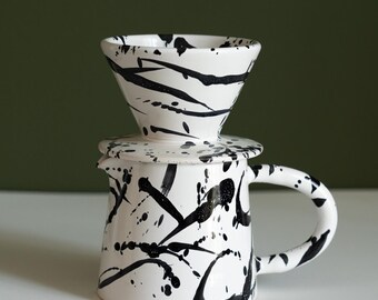 Handmade Stoneware Pour Over Coffee Set – Abstract Splatter Dripper and Pitcher