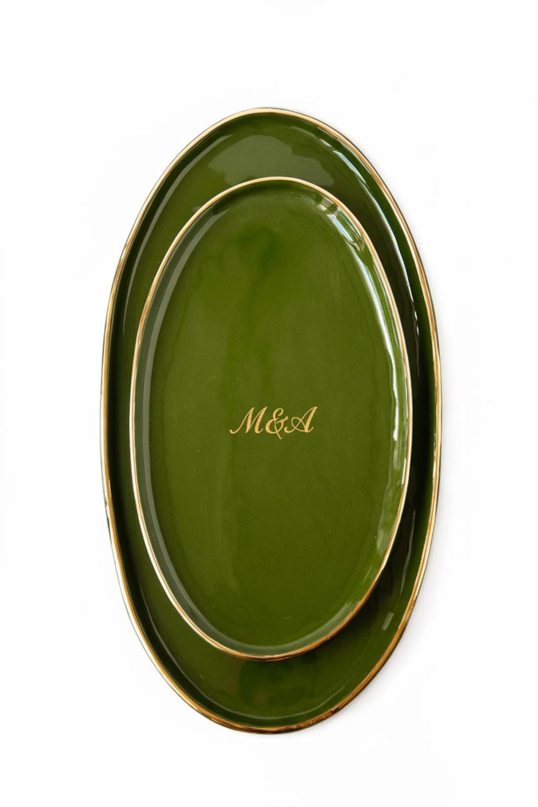 Personalized Wedding Platter: Green Ceramic Serving Tray with Gold Rim - Large