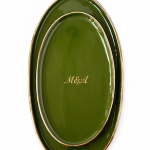 Personalized Wedding Platter: Green Ceramic Serving Tray with Gold Rim