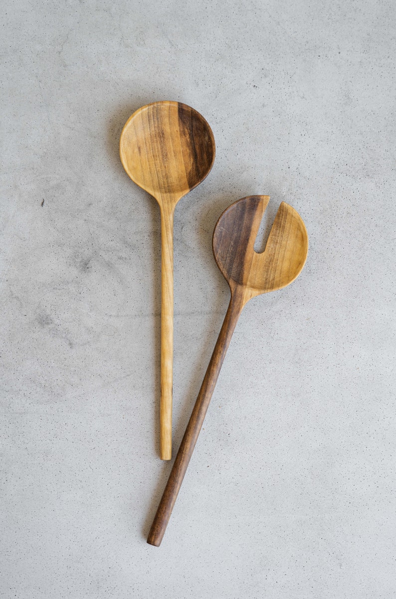 Wooden 2-Piece Salad Serving Set Wooden Salad Servers Wood Salad Serving Set Hand-Carved Wood Spoons Kitchenware image 2