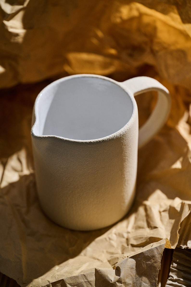 Handmade Stoneware Pitcher Beige Ceramics Water Pitcher Handmade Ceramic Pitcher Nordic Style Pottery Pitcher Vase image 3