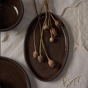 Handmade Stoneware Serving Platter: Black Oval Ceramic Tray