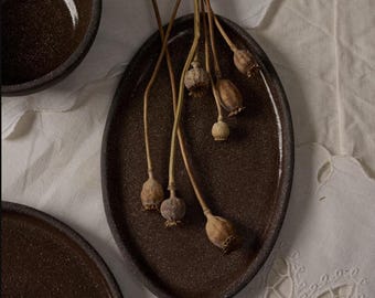 Handmade Stoneware Serving Platter: Black Oval Ceramic Tray