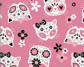 Cat Fabric - Sugar Skull Cats Pink Mook Fabrics - Sold by the Yard