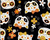 Cat Fabric - Sugar Skull Cats Black Mook Fabrics - Sold by the Yard