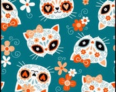 Cat Fabric - Sugar Skull Cats Teal Mook Fabrics - Sold by the Yard