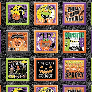 Cat Fabric - Chills & Thrills Halloween Block Panel Benartex (14607G-12) - Sold by the Panel