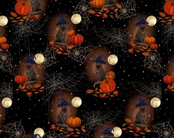 Cat Fabric - Harvest Haunt Black Cats in Witch Hats Blank Quilting (4807-99) - Sold by the Yard