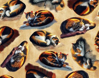 Cat Fabric - Homestead Heritage Purring Cat Ivory Blank Quilting (4875-4) - Sold by the Yard