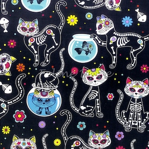 Cat Fabric - Day of the Dead Kitty Black Timeless Treasures (Cat-C4159) - Sold by the Yard