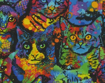 May include: A colorful fabric with a repeating pattern of cats in a psychedelic style. The cats are outlined in black and have bright colors like green, blue, yellow, orange, and red.