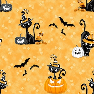 Cat Fabric - Nights of Olde Salem Glow in the Dark Tossed Cats Orange Henry Glass Fabrics (802G-33) - Sold by the Yard