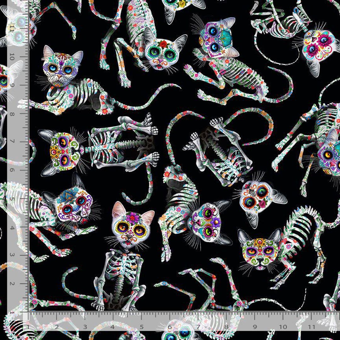 Cat Fabric - Day of the Dead Tossed Skeleton Cats Black Timeless ...