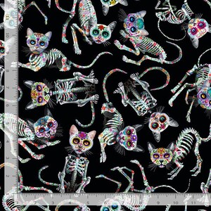 Cat Fabric - Day of the Dead Tossed Skeleton Cats Black Timeless Treasures (Cat-CD3602) - Sold by the Yard