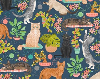 Cat Fabric - Curious Kittycats Cats & Plants Dark Blue Quilting Treasures (31870-B) - Sold by the Yard