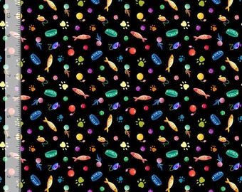 Cat Fabric - Feline Fanatic Cat Toys & Paws Black Timeless Treasures (CD4152) - Sold by the Yard