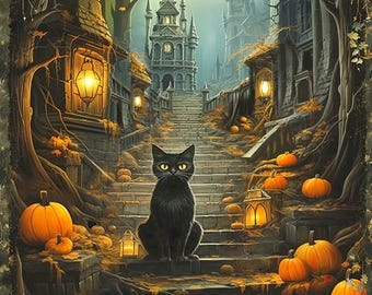 Cat Fabric - Moon Spell Halloween Cat Banner Panel Robert Kaufman (APYD-23691-282) - Sold by the Panel