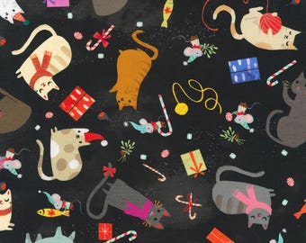 Cat Fabric - Jingle Pals Cat Toss Licorice Robert Kaufman (AKFD-22598-182) - Sold by the Yard