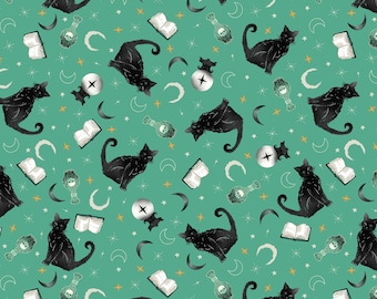 Cat Fabric - Witchy Wicked Black Cats Teal Blank Quilting (4860-70-Teal) - Sold by the Yard