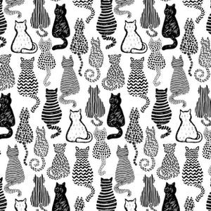 May include: A repeating pattern on a white background featuring stylised cats in various poses. The cats are rendered in black ink with diverse textures including horizontal stripes, chevron zigzags, solid black fills, and dotted patterns.