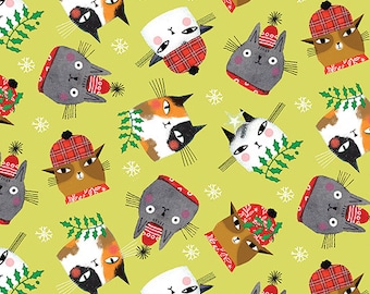 May include: A repeating pattern of cartoon cats on a light green background. The cats are in various colors, including gray, brown, white, and calico. Some cats wear hats, scarves, or holly. Snowflakes are scattered throughout the design.