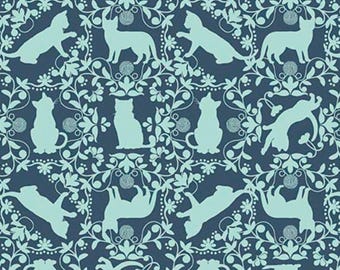 Cat Fabric - Curious Kittycats Cat Silhouettes Dark Blue Quilting Treasures (31873-B) - Sold by the Yard