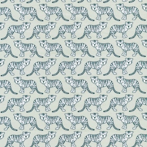 May include: A seamless pattern featuring white tigers with black stripes on a light green background. The tigers are facing forward and are in a repeated pattern.