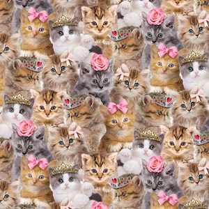 Cat Fabric - Teacup Kitty Packed Princess Kitty Natural Timeless Treasures (CD3579-NATURAL) - Sold by the Yard